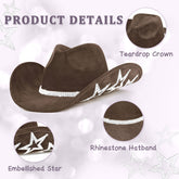 Keilin Star Studded Rhinestone Cowgirl Hat Disco Cowboy Hat Felt Western Nashville Bachelorette Party Hat for Teens and Adults, Brown
